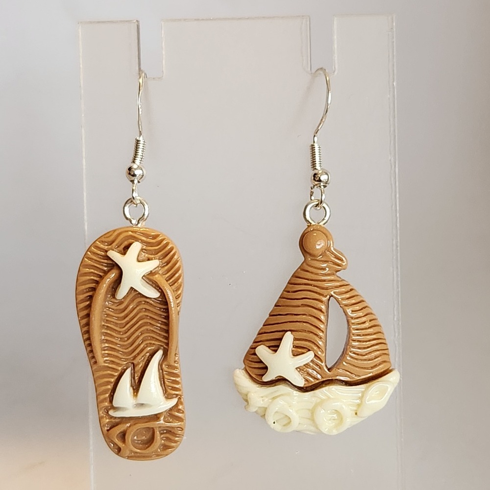 Tan Nautical Mismatched Flip Flop Sailboat Polymer Clay Dangle Earrings Summer
